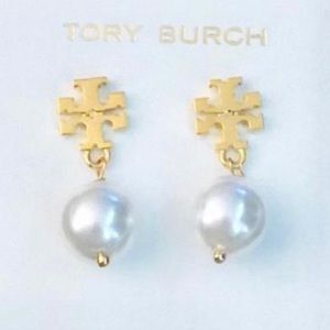 Tory Burch Gold Crystal Pearl Drop Earrings